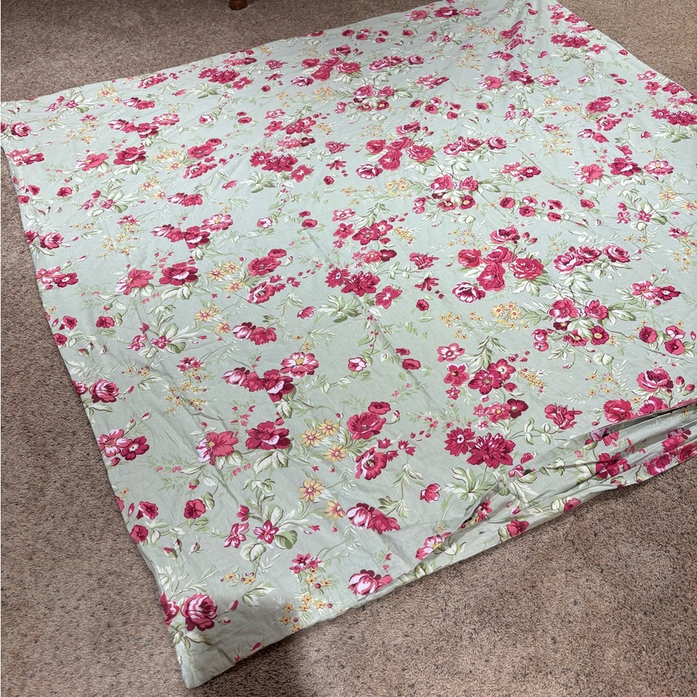 Pottery Barn Full Size Green Manchester Rose Linen Blend Duvet Cover 78 x 86”